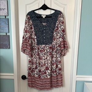 Style & Co. Navy and Burgundy Floral Long Sleeve Dress